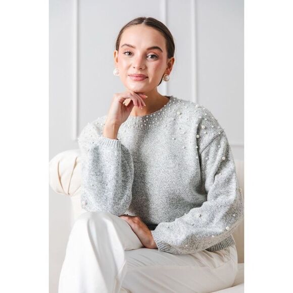NWT Urban Outfitters Womens Gray Pearl Beaded Balloon Sleeves Sweater Size Small - Picture 1 of 9